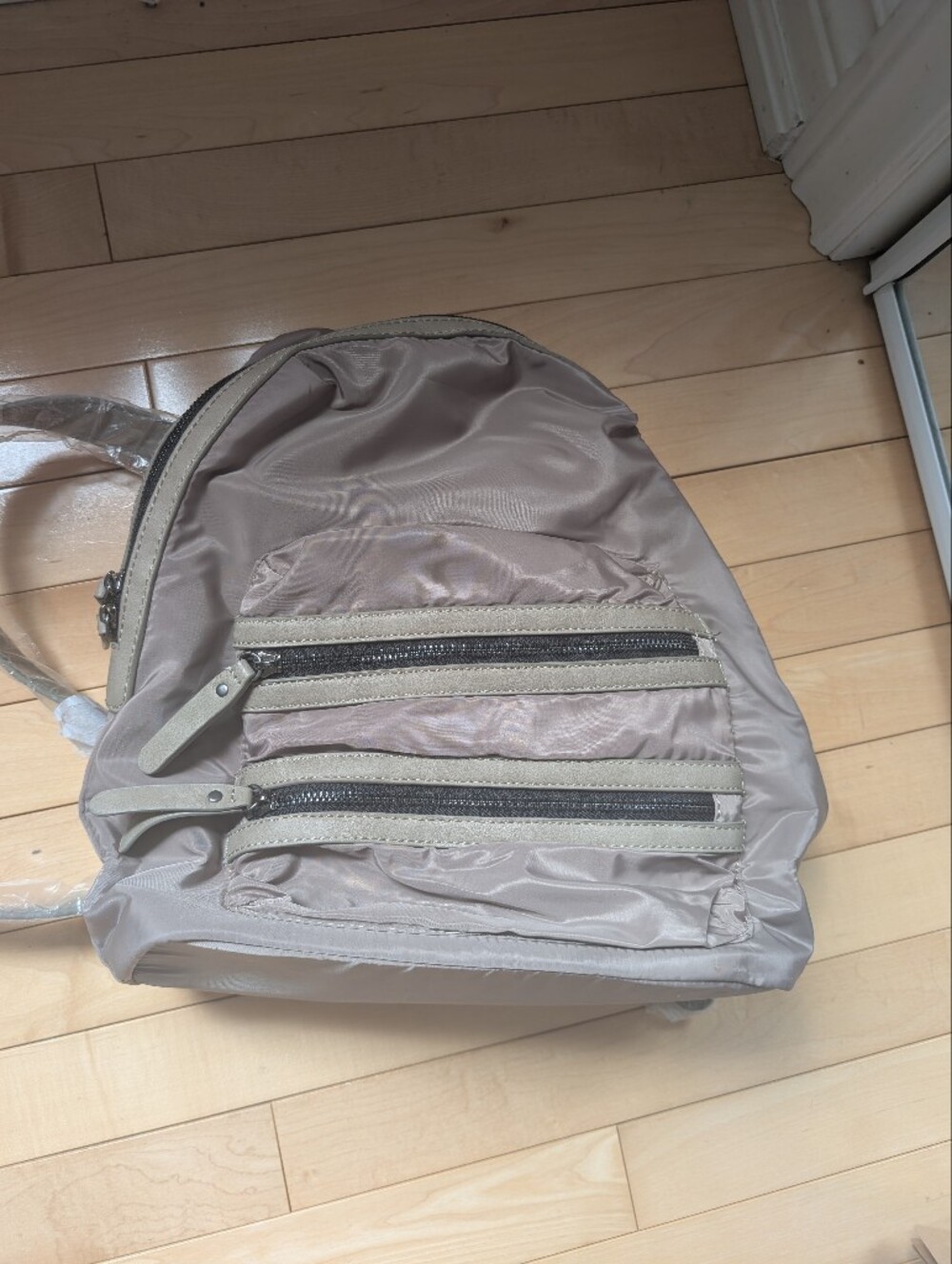 Light Taupe Nylon Kids Backpack with Double Zip Pockets